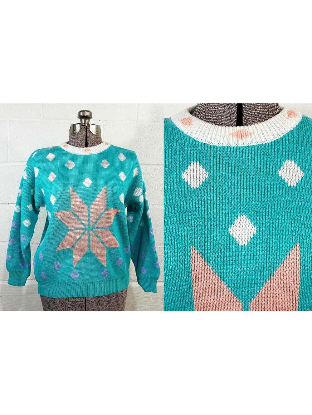 Snowflake Knit Sweater 1970s Teal Pastel Ski Chalet Jumper Pullover 70s Medium